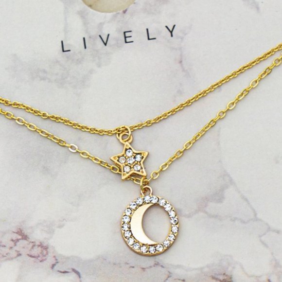 NEW Gold Moon Star Pendant Double Dainty Necklace - Picture 7 of 8